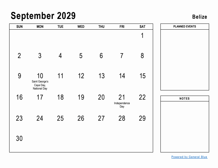 September 2029 Printable Monthly Calendar with Belize Holidays