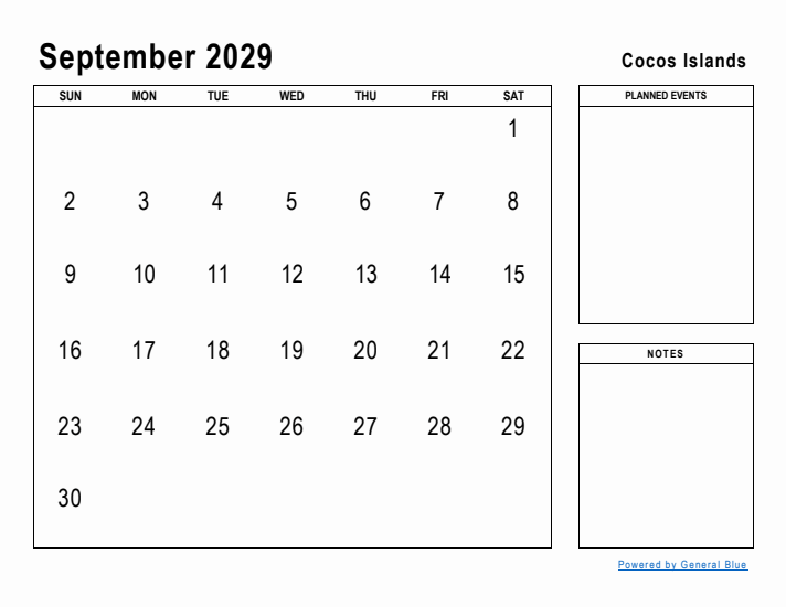 September 2029 Printable Monthly Calendar with Cocos Islands Holidays