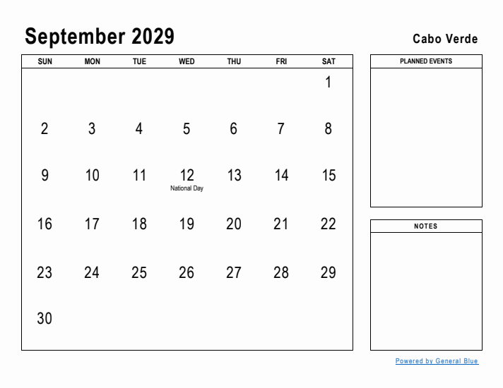 September 2029 Printable Monthly Calendar with Cabo Verde Holidays