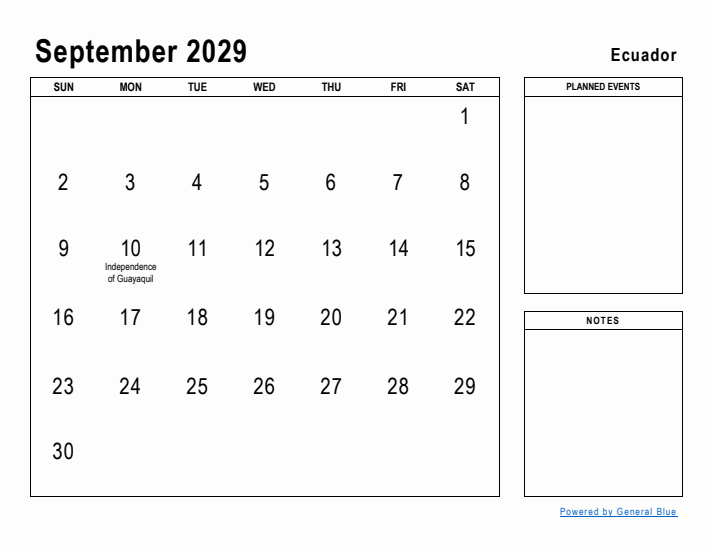 September 2029 Printable Monthly Calendar with Ecuador Holidays