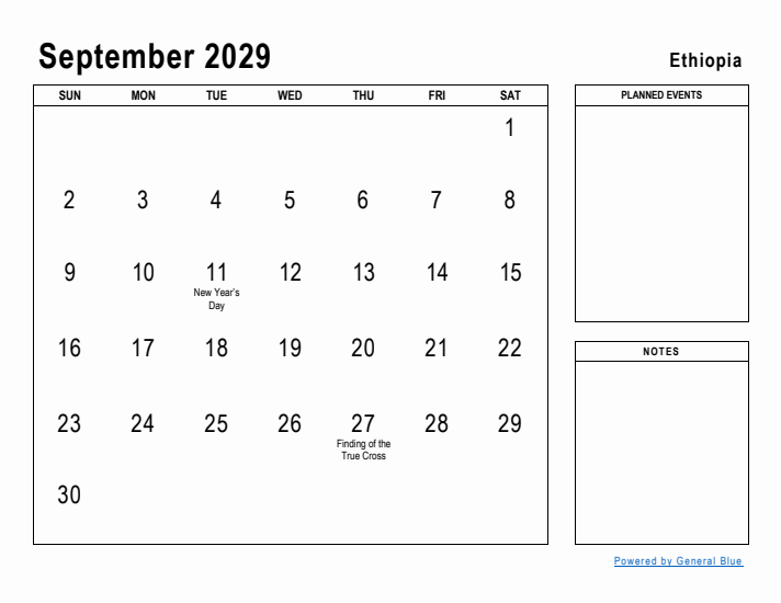 September 2029 Printable Monthly Calendar with Ethiopia Holidays