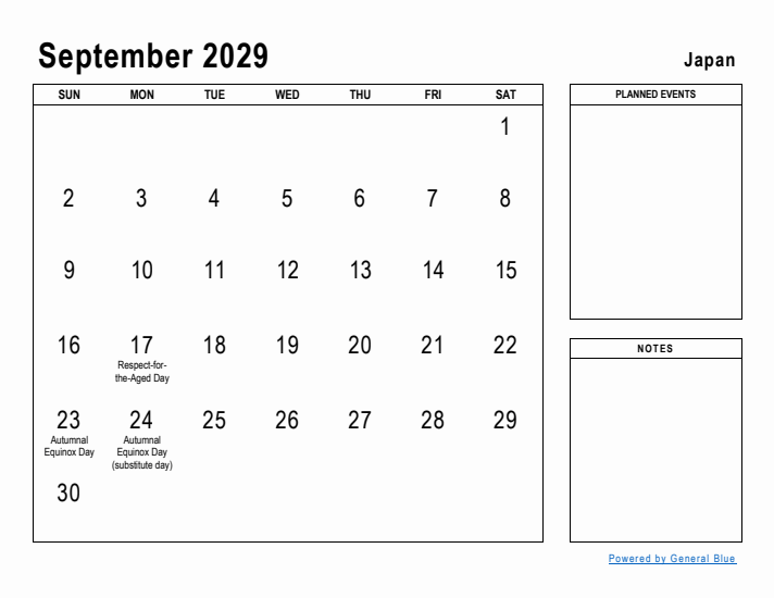 September 2029 Printable Monthly Calendar with Japan Holidays