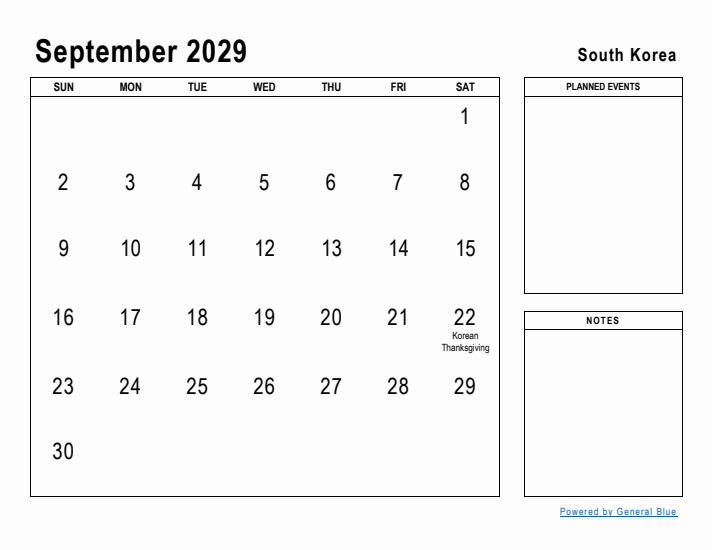 September 2029 Printable Monthly Calendar with South Korea Holidays