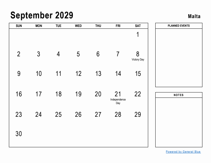 September 2029 Printable Monthly Calendar with Malta Holidays