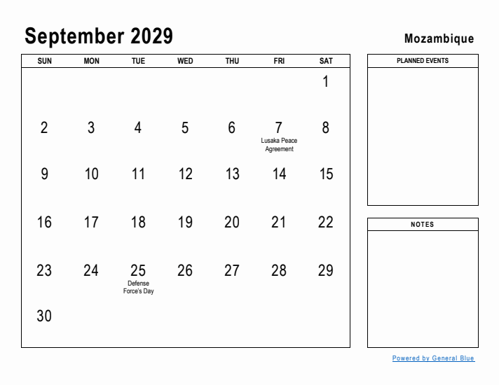 September 2029 Printable Monthly Calendar with Mozambique Holidays