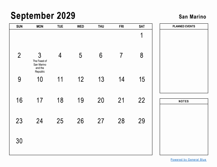 September 2029 Printable Monthly Calendar with San Marino Holidays