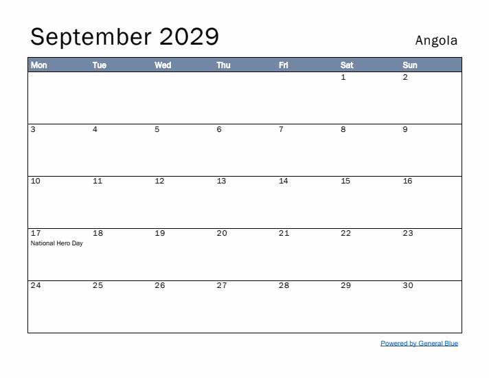 September 2029 Simple Monthly Calendar for Angola