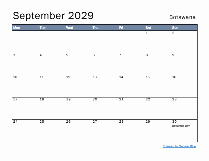 September 2029 Simple Monthly Calendar for Botswana