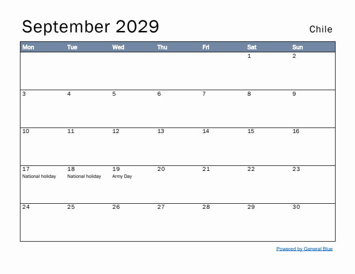 September 2029 Simple Monthly Calendar for Chile