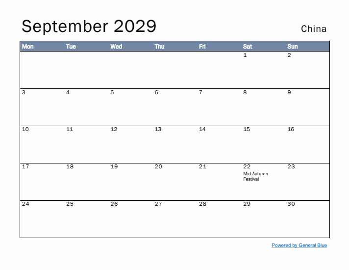 September 2029 Simple Monthly Calendar for China