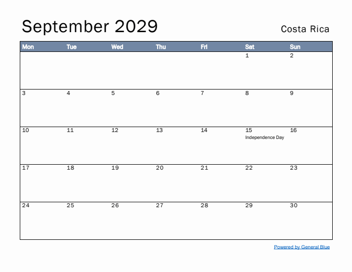 September 2029 Simple Monthly Calendar for Costa Rica