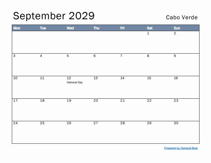 September 2029 Simple Monthly Calendar for Cabo Verde