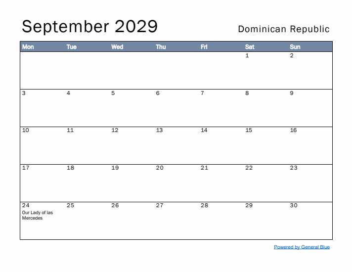 September 2029 Simple Monthly Calendar for Dominican Republic