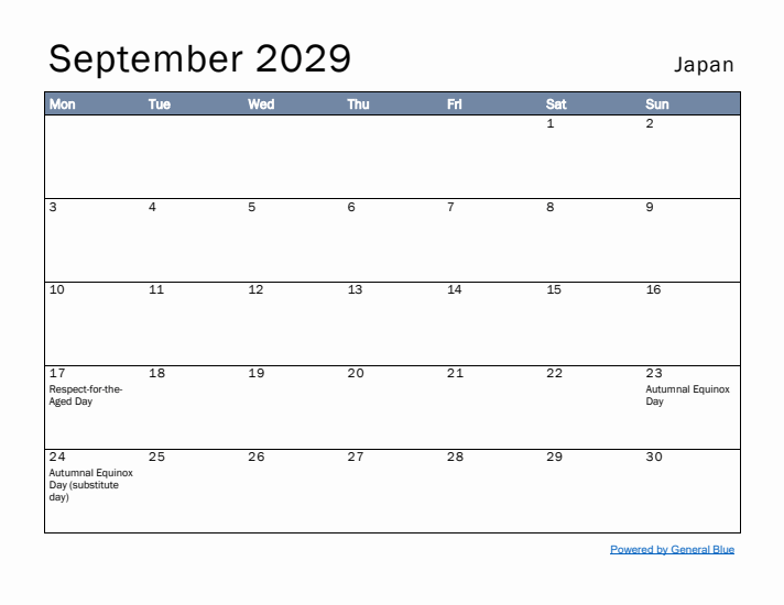 September 2029 Simple Monthly Calendar for Japan