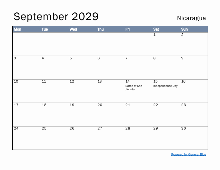 September 2029 Simple Monthly Calendar for Nicaragua