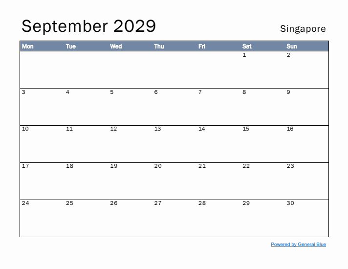 September 2029 Simple Monthly Calendar for Singapore