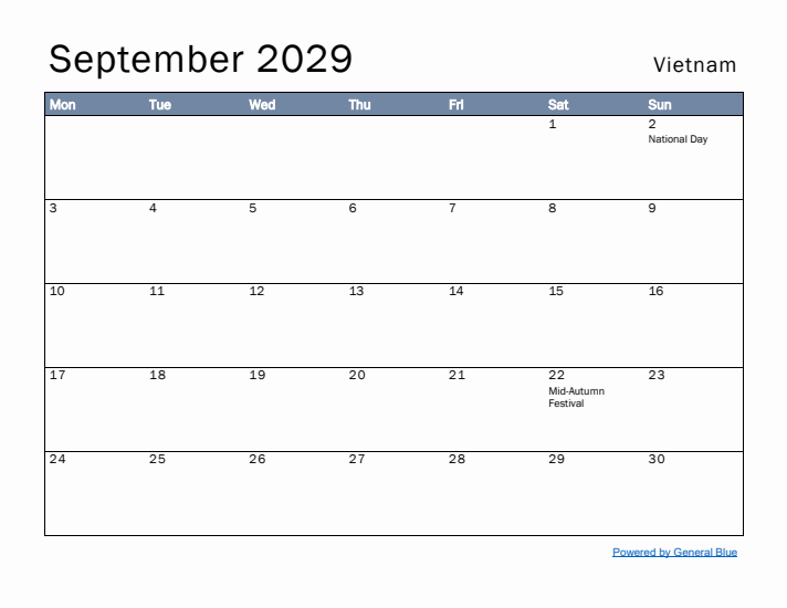 September 2029 Simple Monthly Calendar for Vietnam