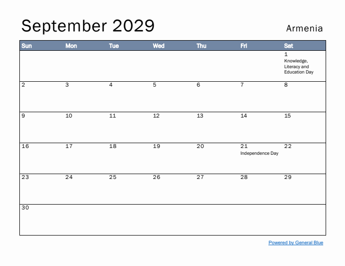 September 2029 Simple Monthly Calendar for Armenia