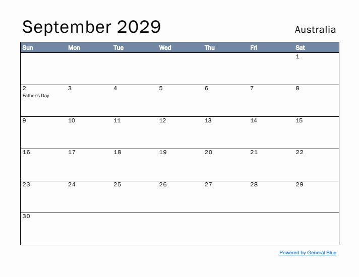 September 2029 Simple Monthly Calendar for Australia