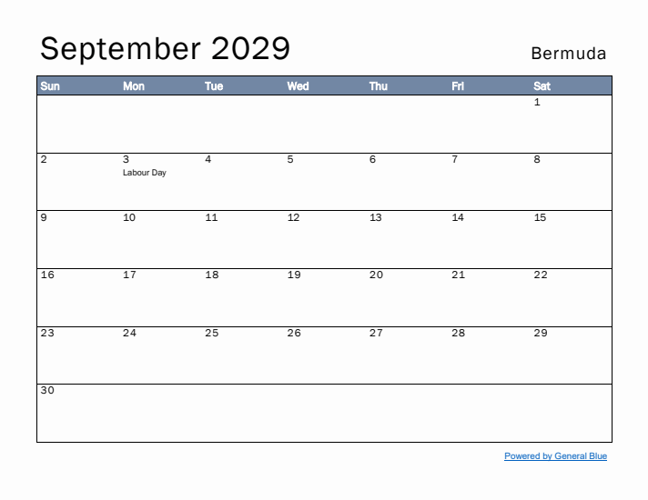 September 2029 Simple Monthly Calendar for Bermuda