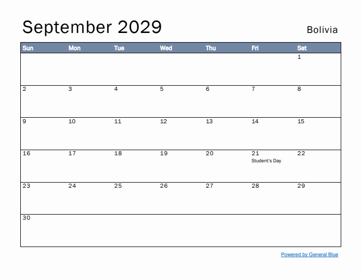 September 2029 Simple Monthly Calendar for Bolivia