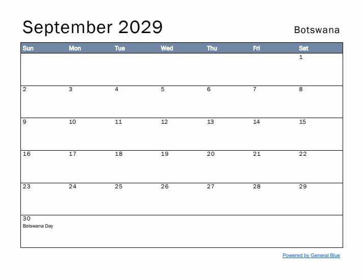 September 2029 Simple Monthly Calendar for Botswana