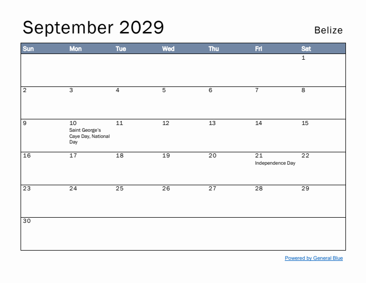 September 2029 Simple Monthly Calendar for Belize