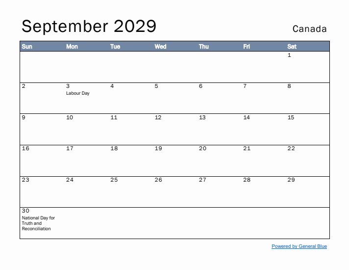 September 2029 Simple Monthly Calendar for Canada