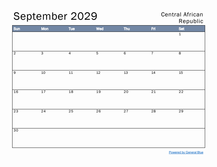 September 2029 Simple Monthly Calendar for Central African Republic