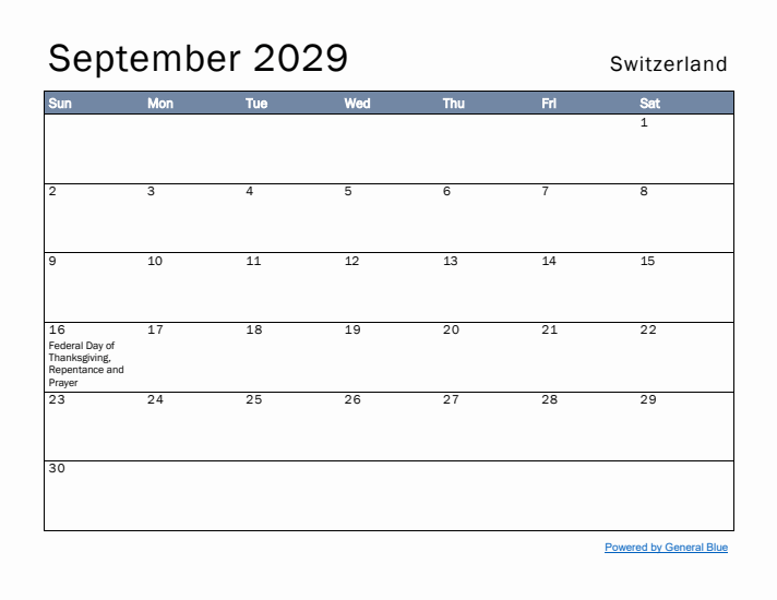 September 2029 Simple Monthly Calendar for Switzerland