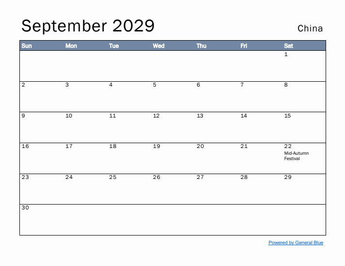 September 2029 Simple Monthly Calendar for China