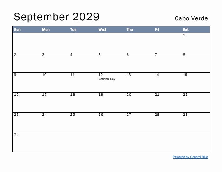 September 2029 Simple Monthly Calendar for Cabo Verde