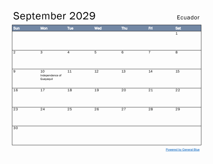 September 2029 Simple Monthly Calendar for Ecuador