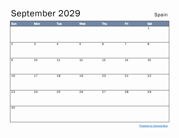 September 2029 Simple Monthly Calendar for Spain