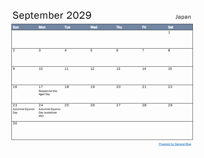 September 2029 Simple Monthly Calendar for Japan