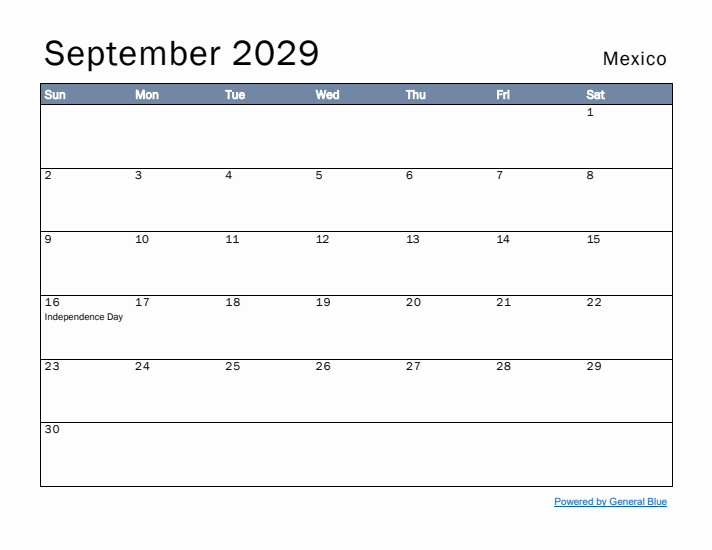 September 2029 Simple Monthly Calendar for Mexico