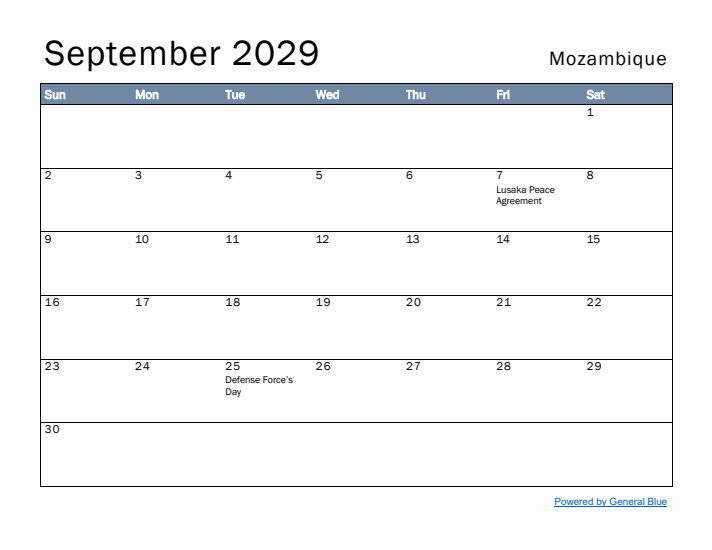 September 2029 Simple Monthly Calendar for Mozambique