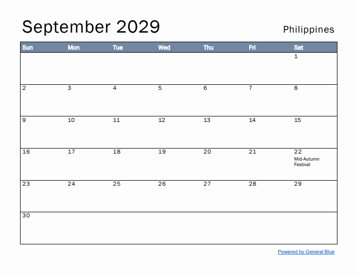 September 2029 Simple Monthly Calendar for Philippines