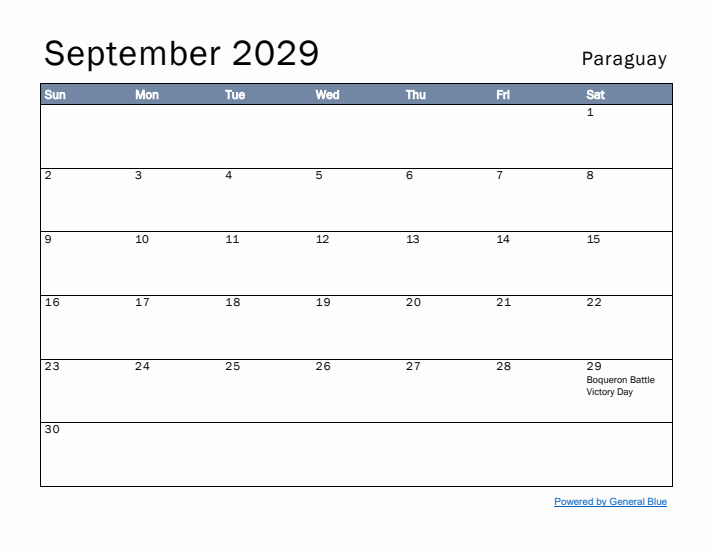 September 2029 Simple Monthly Calendar for Paraguay