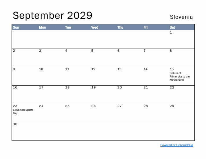 September 2029 Simple Monthly Calendar for Slovenia