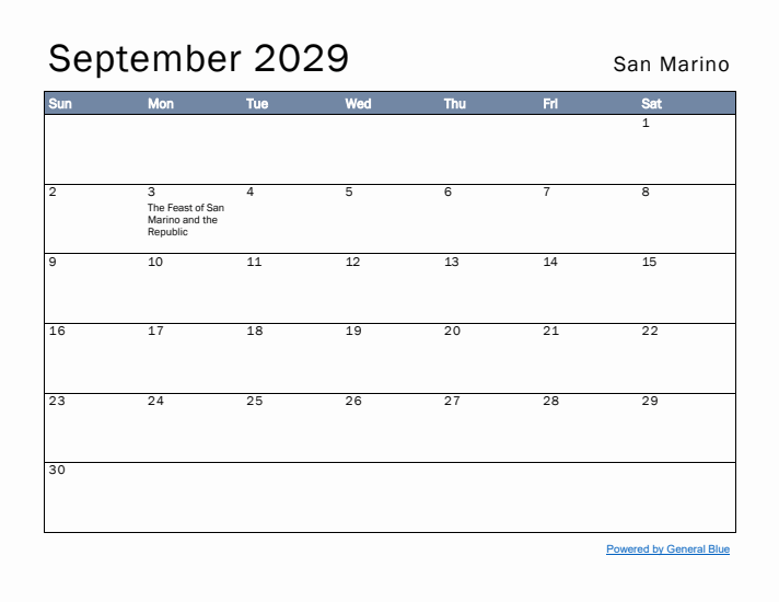 September 2029 Simple Monthly Calendar for San Marino