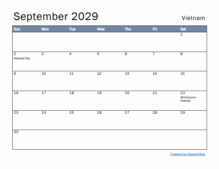 September 2029 Simple Monthly Calendar for Vietnam