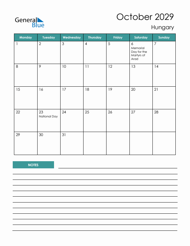 Calendar with Notes Printable - Monday Start