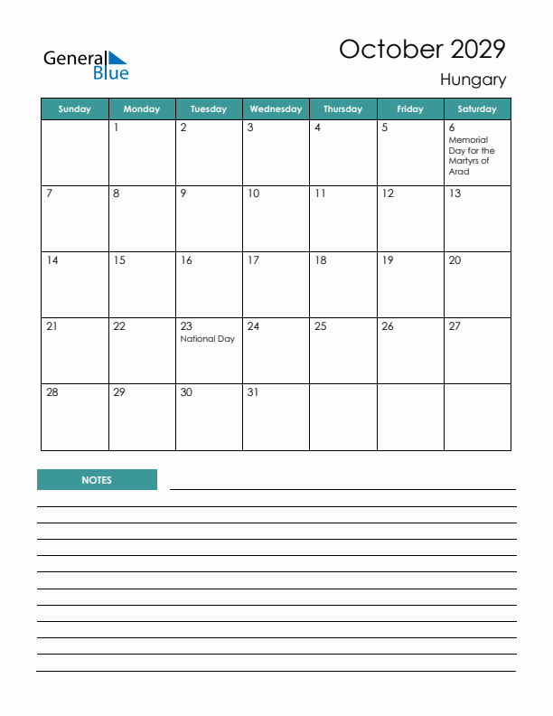 Calendar with Notes Printable - Sunday Start