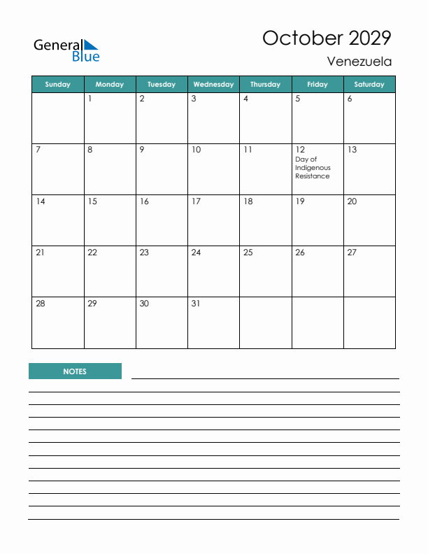 Calendar with Notes Printable - Sunday Start