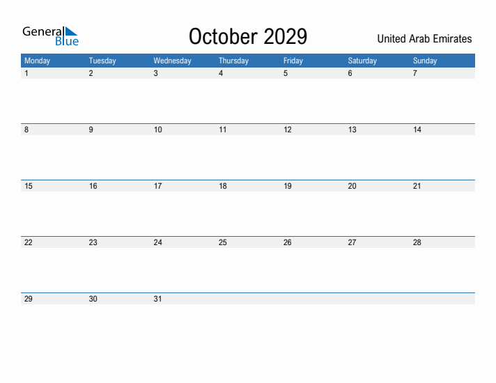 Fillable October 2029 Calendar