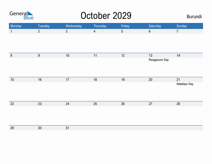 Fillable October 2029 Calendar