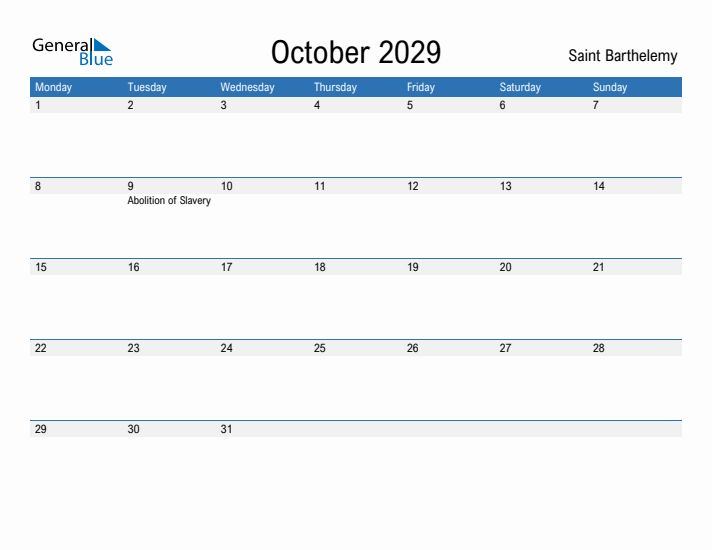 Fillable October 2029 Calendar