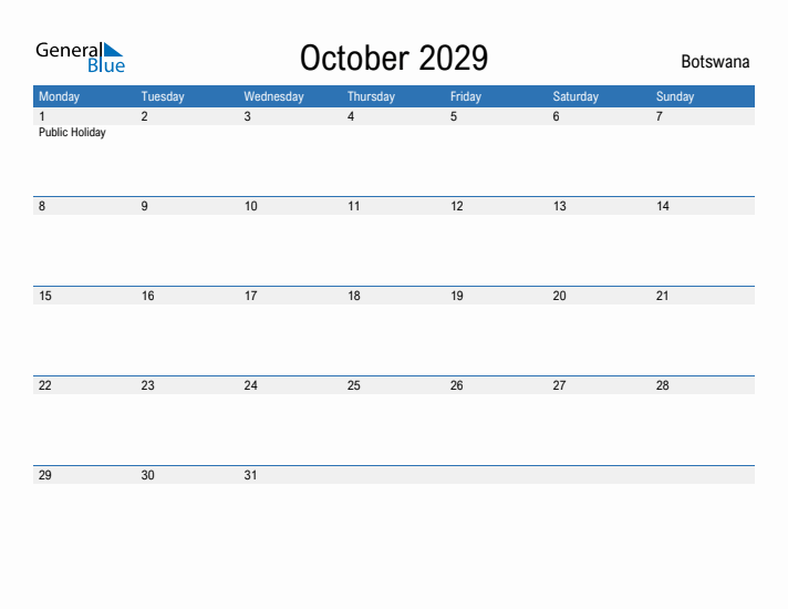 Fillable October 2029 Calendar