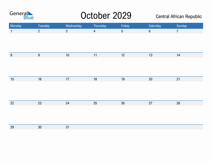 Fillable October 2029 Calendar